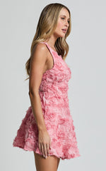 Alexandria Mini Dress - V Neck Gathered Bust A Line Dress in Pink