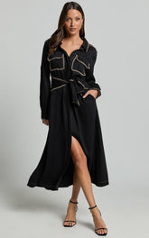 Ally Midi Dress - Collared Button Through Long Sleeve Tie Dress in Black