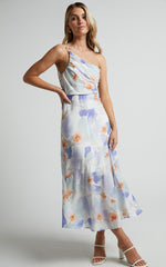 Alyssia Midi Dress - One Shoulder Ruched Satin Dress in Blue Floral