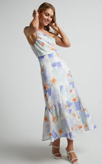 Alyssia Midi Dress - One Shoulder Ruched Satin Dress in Blue Floral