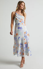 Alyssia Midi Dress - One Shoulder Ruched Satin Dress in Blue Floral