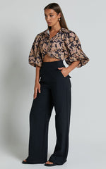 Amalie The Label - Charo Linen Look High Waisted Wide Leg Pants in Black