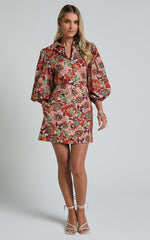 Amalie The Label - Cosette Linen Blend High Waisted Button Through A Line Skirt in Musee Print