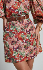 Amalie The Label - Cosette Linen Blend High Waisted Button Through A Line Skirt in Musee Print