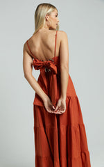Amalie The Label - Emerita Linen Blend Sweetheart Twist Front Tie Back Midi Dress in Burnt Sienna
