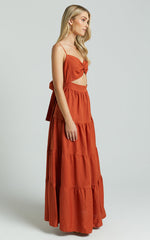 Amalie The Label - Emerita Linen Blend Sweetheart Twist Front Tie Back Midi Dress in Burnt Sienna