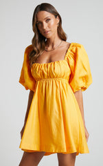 Amalie The Label - Hamyya Linen Tie Back Puff Sleeve Mini Linen Dress in Mango