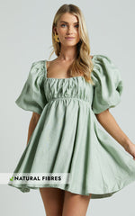 Amalie The Label - Hamyya Linen Tie Back Puff Sleeve Mini Linen Dress in Sage