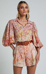 Amalie The Label - Noemie Linen Blend High Waisted Belted Tailored Shorts in Morocco Print