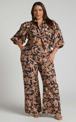 Amalie The Label - Janae Linen Blend Collared Puff Sleeve Button Up Shirt in Kora Print