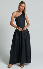 Amalie The Label - Alorah Linen Blend One Shoulder Dress in Black