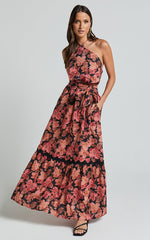Amalie The Label - Evangeline Linen Look Blend Halter Neck Maxi Dress in Atalie Print