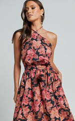 Amalie The Label - Evangeline Linen Look Blend Halter Neck Maxi Dress in Atalie Print