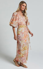 Amalie The Label - Santana Linen Blend Puff Sleeve Wrap Midi Dress in Morocco Print