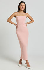 Amayla Midi Dress - Strappy Pearl Trim Column Dress in Pink