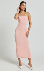 Amayla Midi Dress - Strappy Pearl Trim Column Dress in Pink