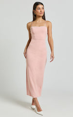 Amayla Midi Dress - Strappy Pearl Trim Column Dress in Pink