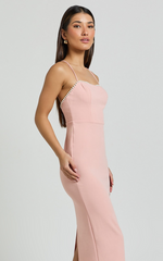 Amayla Midi Dress - Strappy Pearl Trim Column Dress in Pink