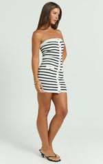 Amber Mini Dress - Strapless Knit Stripe Bodycon Dress in White/Black