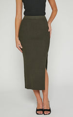Andalucia Midi Skirt - Ribbed Side Split Skirt in Dark Olive