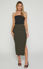 Andalucia Midi Skirt - Ribbed Side Split Skirt in Dark Olive