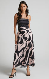Angela Midi Dress - Thin Strap A Line Dress in Black & Cream Swirl