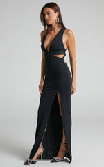 Anjie Midi Dress - Plunge Neck Cross Back Cut Out Dress in Black