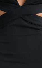 Anjie Midi Dress - Plunge Neck Cross Back Cut Out Dress in Black