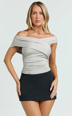 Annalisa Top - Gathered Off Shoulder Asymmetric Top in Pale Grey