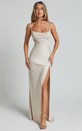 Ardent Maxi Dress - Cowl Neck Tie Back Satin Dress in Champagne