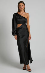 Arichie Midi Dress - Cut Out One Shoulder Balloon Sleeve Dress in Black