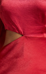 Arichie Midi Dress - Cut Out One Shoulder Balloon Sleeve Dress in Cherry Red