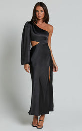 Arichie Midi Dress - Cut Out One Shoulder Balloon Sleeve Dress in Black