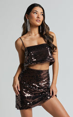 Barlyn Crop Top - Square Neck Crop Flat Sequin Top in Chocolate