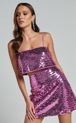 Barlyn Mini Skirt - High Waisted Aline Flat Sequin Skirt in Orchid