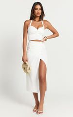 Bea Two Piece Set- Linen Halter Neck and Twist Front Midi Skirt Set in White