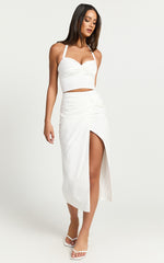 Bea Two Piece Set- Linen Halter Neck and Twist Front Midi Skirt Set in White