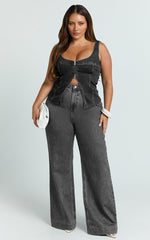 Bellerose Top - Front Zip Denim Fitted Top in Washed Black