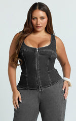 Bellerose Top - Front Zip Denim Fitted Top in Washed Black