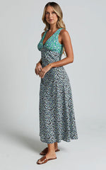 Benetina Midi Dress - Plunge Empire Waist A Line in Black Print