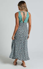 Benetina Midi Dress - Plunge Empire Waist A Line in Black Print