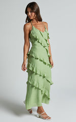 Brayden Midi Dress - V Neck Ruffle Dress in Green