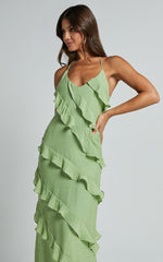 Brayden Midi Dress - V Neck Ruffle Dress in Green