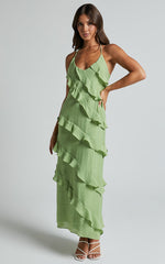 Brayden Midi Dress - V Neck Ruffle Dress in Green