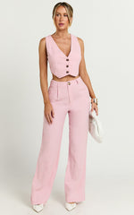 Bree Top - Linen V Neck Button Up Cropped Vest in Light Pink