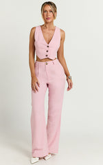 Bree Top - Linen V Neck Button Up Cropped Vest in Light Pink