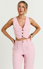 Bree Top - Linen V Neck Button Up Cropped Vest in Light Pink