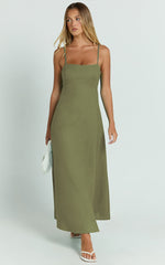 Brette Midi Dress - Linen Straight Neck Strappy Fit And Flare Dress in Olive