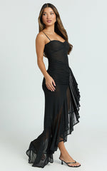 Brionna Maxi Dress - Lace Neck Ruched Ruffle Hem Dress in Black