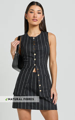 Calvin Two Piece Set - Tailored Linen Scoop Neck Vest Top and A Line Mini Skirt Set in Black